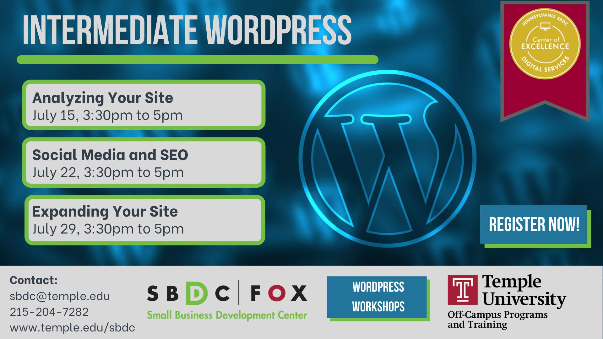 Intermediate WordPress: Social Media & SEO Event for July 22 @3:30pm to 5:30pm